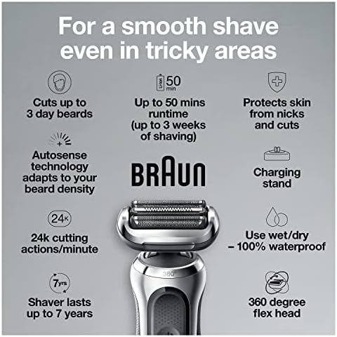 Braun Series 7 7032cs Flex Electric Razor for Men, Wet & Dry, Electric Razor, Rechargeable, Cordless Foil Shaver with Beard Trimmer and Charging Stand, Silver