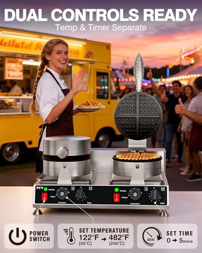 PYY Commercial Waffle Maker - Double Waffle Maker 2500W Large Stainless Steel，Silver Non-stick Electric Chaffle Maker for for Restaurant Bakery Snack Bar Family Carnival Events, Silver