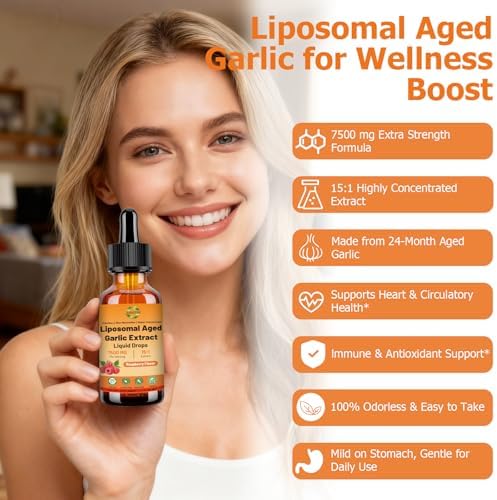 Aged Garlic Extract Liquid Drop 15:1 7500mg Odorless Organic Garlic Supplement for Heart & Immune Cardiovascular Health, Fast Absorption Liposomal Tech Formula for Men & Women Daily Wellness