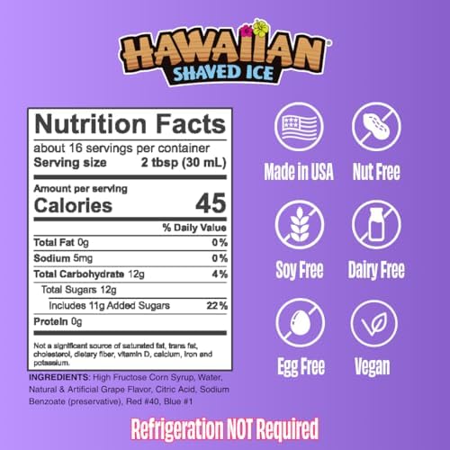 Hawaiian Shaved Ice Grape Syrup - Nut Soy Dairy Free - Flavor Fluffy & Crunchy Snow Cones - Shelf Stable - Makes 8 Servings - 16 ounces