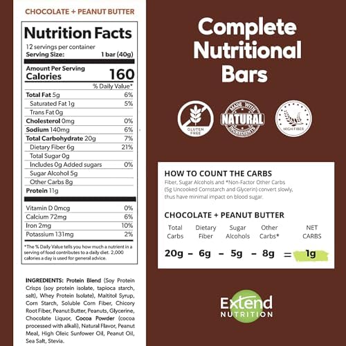 Extend Sugar Free Protein Bars, Perfect Diabetic Snacks, High Protein and Fiber, Hunger Control & Steady Energy, Low Carb, Keto Friendly (12 Count, Chocolate Peanut Butter)