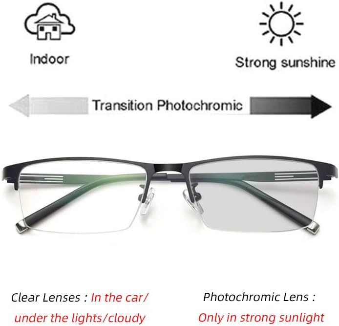 laureles Photochromic Reading Glasses for Men Business Square Metal Half Frame Sun Photochromic Lens Readers (Black, 0.0, multiplier_x)