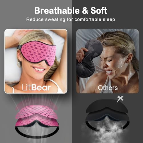 LitBear Breathable Sleep Mask, 3D Eye Mask Sleep for Side Sleepers Women Men, Light Blocking Sleeping Mask with Adjustable Strap, Soft Lightweight Eye Cover for Travel, Night Work, Nap, Office - Pink