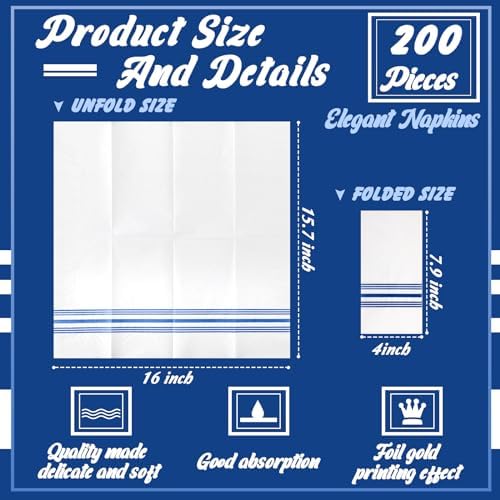 Jetec 200 Pack Guest Napkins Disposable Paper Hand Towels Bathroom Decorative Napkins Linen Feel Soft Absorbent Bulk Dinner Paper Towels for Kitchen Event Wedding Christmas Party(Blue Stripe)