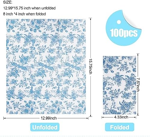 100 Pack Blue Floral Guest Hand Towels Disposable for Bathroom, Blue Floral Paper Napkins Decorative Spring Flowers Napkins for Bathroom Toilet Powder Room Holiday Wedding Bridal Shower