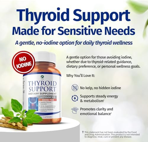 1 Body Thyroid Support Supplement for Women – Iodine Free Formula with Selenium, Zinc & Ashwagandha – Supports Energy, Metabolism & Hormone Balance – 60 Vegan Capsules