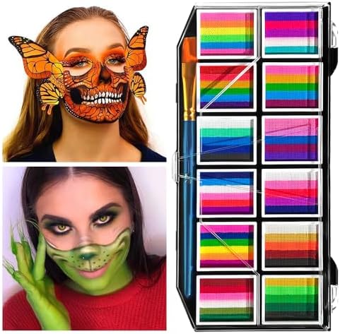 12 Colors Face Body Paint Palette,Split Cake Face Paint Palette FX Makeup, Water Activated Non Toxic Rainbow Body Painting with Brush for Halloween Makeup,Festivals & Events