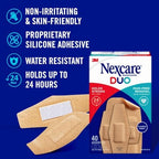 Nexcare Duo Bandages, Painless Removal, Strong Adhesive Bandages Stay on for 24 Hours, Flexible Fabric Construction - 100 Pack Assorted Sizes