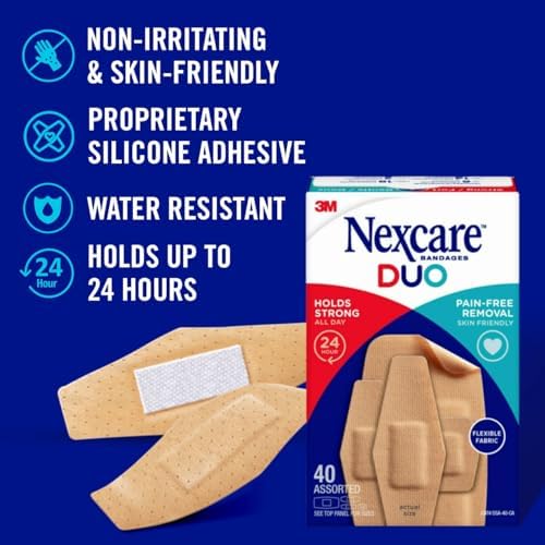 Nexcare Duo Bandages, Painless Removal, Strong Adhesive Bandages Stay on for 24 Hours, Flexible Fabric Construction - 100 Pack Assorted Sizes