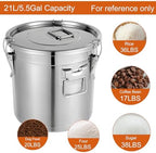 DYNAMI 5.5Gal 304 Stainless Steel Airtight Container with Lid and Locking Clamp,17-38Lbs Metal Bucket Stainless Steel Drum Large Canister for Kitchen,Dog Food/Bird Seed/Coffee Storage Container(21L)