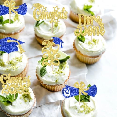 24 Pack Class Of 2026 Graduation Cupcake Toppers Glitter Congrats Grad Cap I Am Done 2026 Cupcake Picks Grad Cake Decorations for Graduation Theme Party Decorations Supplies Gold Blue