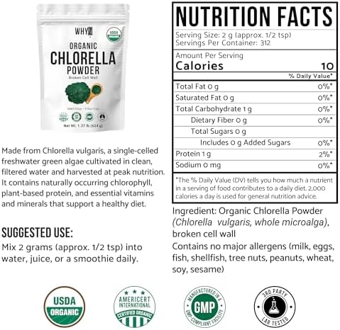 Organic Chlorella Powder, Raw, Premium Superfood Rich in Vegan Protein & Chlorophyll, Non-GMO, Vegan-Friendly Supplement, 312 Servings, 1.37 lb (624g)