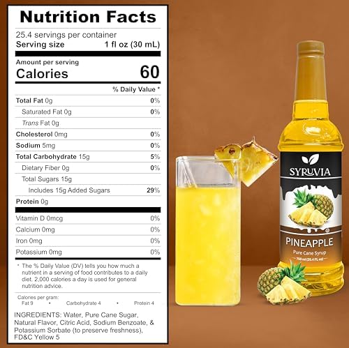 Pineapple Syrup by Syruvia 6-Pack, 25.4 fl oz, Wholesale Coffee Syrup Shops, Cafes, Baristas, Bistros, & Beverage Bars, Bulk Kosher & Gluten-Free