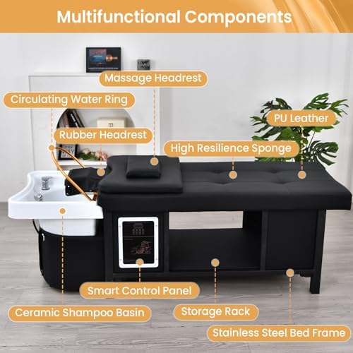 Massage Table with Shampoo Bowl Massage Bed, Head Spa Equipment with Water Cycle & Fumigation Stationary Head Spa Bed for Beauty Head Physical Salons Esthetician Treatment Wellness Resort, Black
