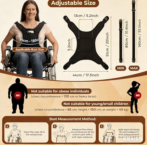 Wheelchair Seat Belt for Adults Chest Harness Safety Strap Restraints for Elderly & Disabled Torso Support with Adjustable Anti-Slip Restraint Vest Black