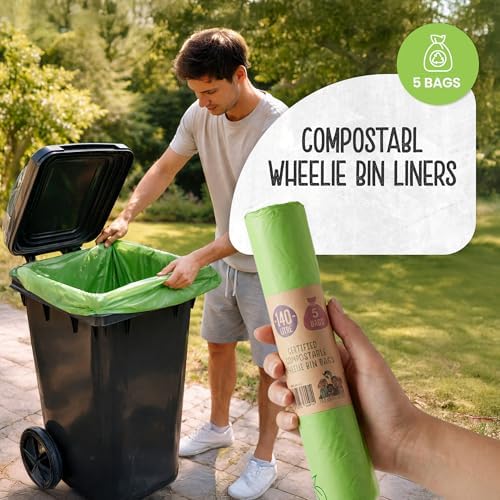 Eco Green Living 140L Wheelie Bin Liners, Compostable Plastic Free Strong & Durable Refuse Sacks for Wheelie Bins, Dustbins, and Household Waste, Tie Handle Garbage Bags - 5 Bags
