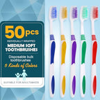 Navona 50 PCS Premium Individually Wrapped Bulk Toothbrush Pack, Disposable Toothbrushes, Kids Toothbrush, Medium Soft Bristle Toothbrushes, Ergonomics Handle, Perfect for Travel Hotel Donation