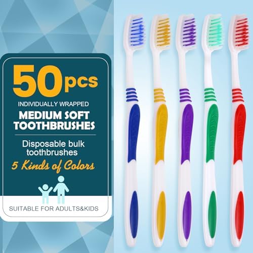 Navona 50 PCS Premium Individually Wrapped Bulk Toothbrush Pack, Disposable Toothbrushes, Kids Toothbrush, Medium Soft Bristle Toothbrushes, Ergonomics Handle, Perfect for Travel Hotel Donation