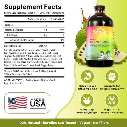 Serene Herbs Soursop Bitters Liquid with Soursop Leaves for Gut Cleanse, Detox & Immune Boost with Black Seed, Moringa, Irish Moss, Ashwaganda, Turmeric, 16 fl oz (16 Fl, Soursop)