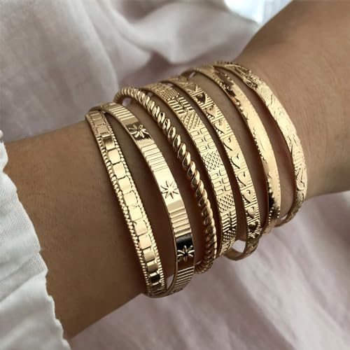 IFKM Gold Bangles Bracelets for Women Girls 14k Gold Plated Multi Layer Stackable Cuff Bracelet Set