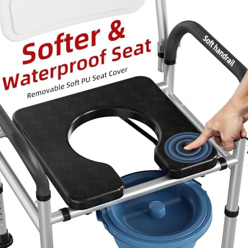 Heavy Duty Bedside Commode Chair with Adjustable Height, Raised Toilet Seat with Arms Handles and Back Support for Elderly, Portable Bedside Toilet with Bucket（Width 19.69")