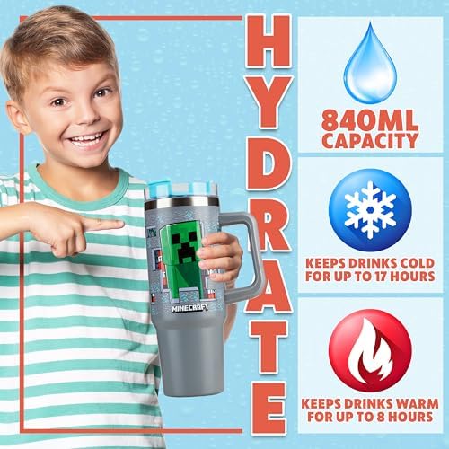 Get Trend Minecraft Kids Tumbler with Straw 28oz Insulated Cup with Lid Handle No Spill Travel Mug School Sports Drinking Cup Gifts for Kids (Grey Minecraft)