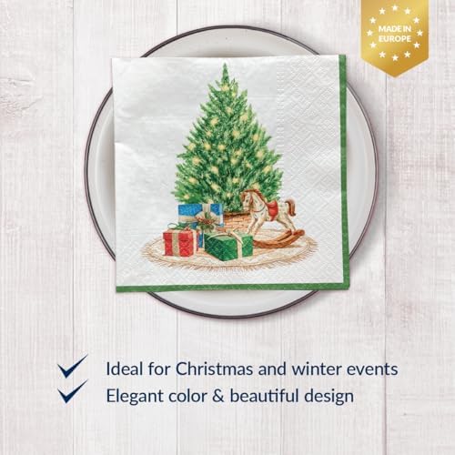 PAW - Christmas Luncheon Napkins 6,5'' x 6,5'', Xmas Tree Disposable Paper Napkins with Cozy Christmas Motive, Lunch Napkins for Winter Birthdays, Parties, New Years, Decoupage, 50 Count