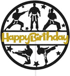 Karate Happy Birthday Cake Topper for Boys Girls Taekwondo Cake Decorations Kung Fu Karate Themed Party Decor Ninja Cake Pick (Gold & Black Glitter)