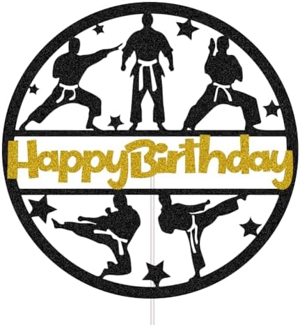 Karate Happy Birthday Cake Topper for Boys Girls Taekwondo Cake Decorations Kung Fu Karate Themed Party Decor Ninja Cake Pick (Gold & Black Glitter)