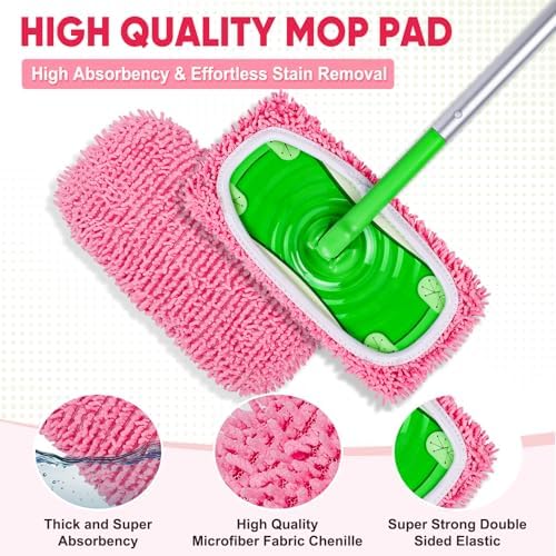 6 Pack Reusable Mop Pads Compatible with Swiffer Sweeper, Chenille Mop Refill Pads, Dry & Wet Mopping Cloths for Floor Cleaning -Pink