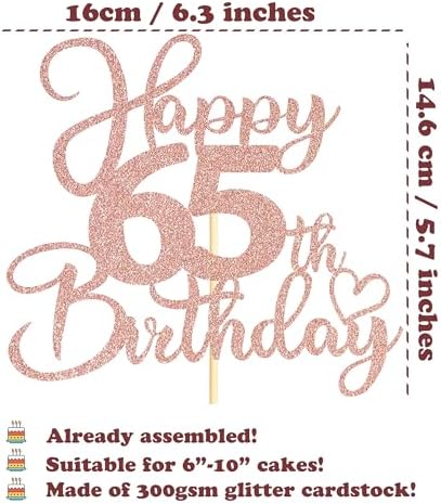 Sotpot 1 Pack 65th Birthday Cake Topper Double-sided Rose Gold Glitter Cake Pick Cake Decoration for Happy 65th Birthday Anniversary Party Decorations
