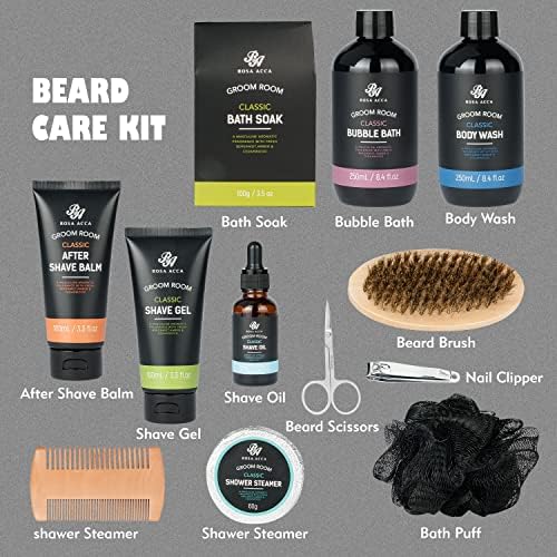 Valentines Day Gifts for Men, 14 Pcs Bath & Body Gift Set, Beard Grooming, Bath Spa Kit, Beard Oil, Shave Gel, Beard Balm, Leather Bag, Beard Growth Care Gift, Birthday, Dad, Husband, Boyfriend