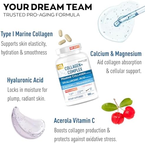 Granions Marine Collagen Pills – 2000mg Hydrolyzed Marine Collagen Peptides, Hyaluronic Acid, Vitamin C, Calcium, Magnesium – Skin, Hair, Nails, Pro Aging Hyaluronic Acid Supplements – 180 Tablets