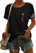 Usa Flag Cross Shirt Vintage Cross T Shirt Christian Shirt 4Th Of July T-Shirts For Women