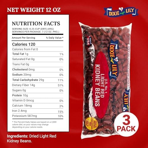Dixie Lily Light Red Kidney Beans - Dried Beans for Soups, Stews, & Chili, Quick Soak or Slow Cooker, High in Fiber and Non-GMO - 12oz, 3 Pack