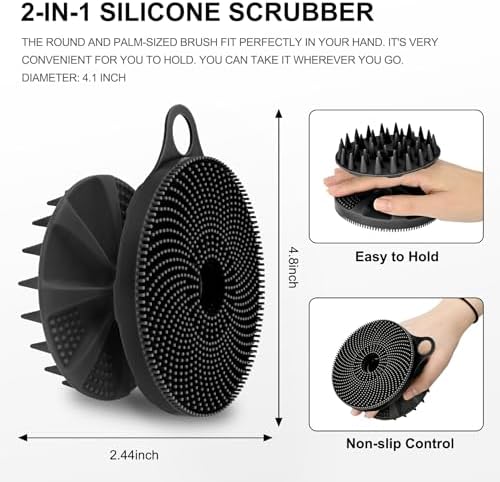 INNERNEED 2-in-1 Silicone Body Scrubber and Scalp Massager Shampoo Brush, Food-Grade Soft Material, More Hygienic, Easily Lather, Convenient for Travel, Gym, Business,etc (Black)