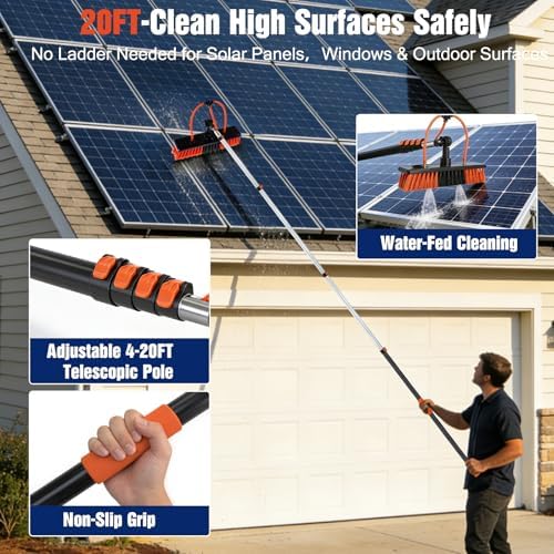 20FT Water Fed Pole Window Cleaning System & Solar Panel Cleaning Kit, Professional Window Washing Kit with Extension Pole, 180° Rotating Brush & Soap Dispenser