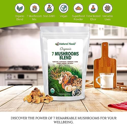 Z Natural Foods Organic 7 Sacred Mushrooms Blend - Lion’s Mane, Cordyceps, Chaga, Red Reishi, Shiitake, Maitake - Organic Mushroom Powder for Coffee, Smoothies, 1 lb