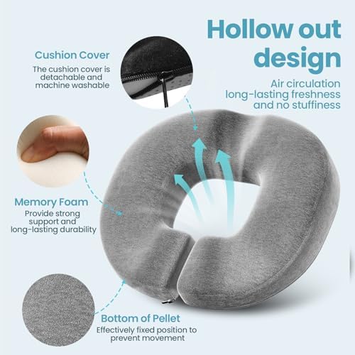 Benazcap Donut Pillow Seat Cushion, Donut Chair Cushions for Postpartum Pregnancy & Hemorrhoids, Memory Foam Seat Chair Cushion for Sciatica & Hip & Coccyx Pain Relief-Grey