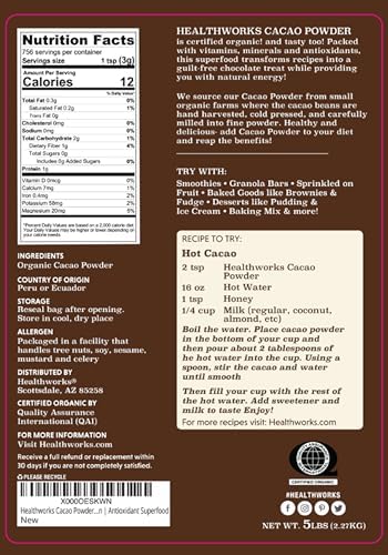 Healthworks Superfoods Organic Cacao Powder - 80 Oz / 5 Lb - Cocoa Chocolate Substitute - Rich Chocolate Flavour - Sugar-Free, Keto, Vegan & Non-GMO - Peruvian Bean/Nut Origin - Antioxidant Superfood - Packaging May Vary