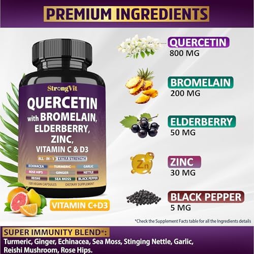 StrongVit Quercetin with Bromelain, Elderberry, Vitamin C, D3 and Zinc. Super Immune Support Supplement. Organic Complex for Men & Women, Non-GMO, Gluten-Free, Vegan, USA (120 Capsules)