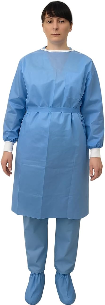 Disposable Isolation Gowns for Medical, Dental and Lab, Poly-Reinforced SMS Fabric, Level 3 Sterile, Latex-Free, Long Cuffed Sleeve, One Size, Blue - Pack of 10