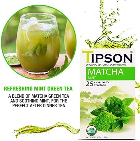 Tipson Organic Matcha Green Tea - Mint - 25 Foil Enveloped Double Chambered Bags - Keto/Paleo