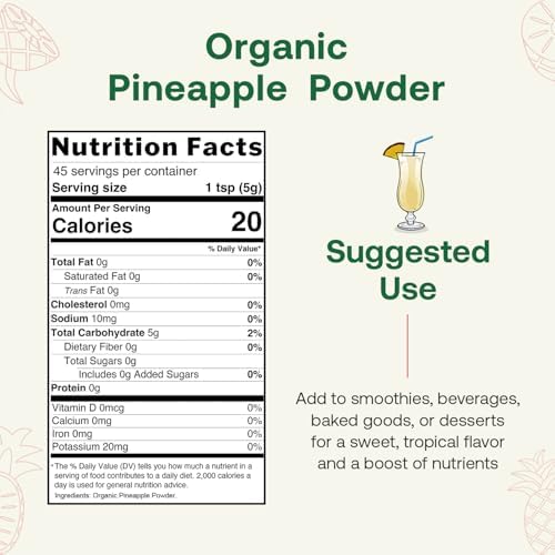 Quay Naturals Organic Pineapple Powder, 8oz, USDA Organic, Freeze-Dried Pineapple Fruit Powder, No Additives, Gluten-Free
