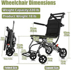 Folding Portable Transport Wheelchair, Lightweight Travel Compact Chair, 12-inch Honeycomb tire with Shock Absorption, for Adults and Seniors Support 220lbs,Blue,Black Frame