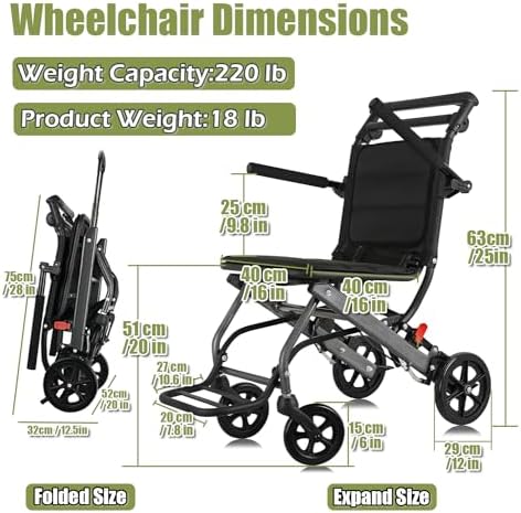 Portable Folding Transport Wheelchair, Lightweight Travel Wheelchair for Senior, Boarding Travelling Wheelchair with Telescopic Handle, Support 220lbs,Blue