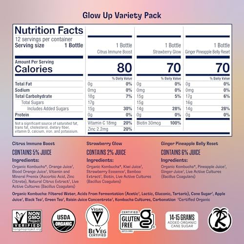 Health-Ade Kombucha Tea Organic Drink, Fermented Tea with Living Probiotics, Detoxifying Acids, Supports Gut Health, Non-GMO, Vegan, Gluten Free, 12 Pack (16 Fl Oz Bottles), Glow Up Variety Pack