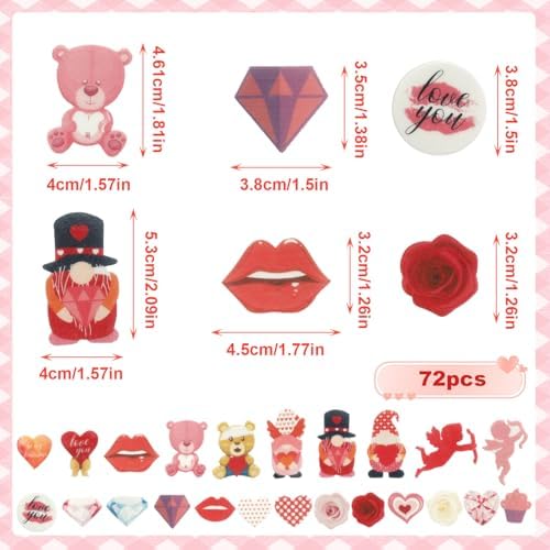 72Pcs Edible Valentine's Day Cupcake Toppers with Lips, Bear, Rose, Diamond, Heart Designs for Valentine's Day Theme Party Supplies Cake Decorations