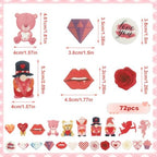 72Pcs Edible Valentine's Day Cupcake Toppers with Lips, Bear, Rose, Diamond, Heart Designs for Valentine's Day Theme Party Supplies Cake Decorations