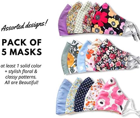 HOPE LOVE SHINE Face Mask Adjustable Filter Pocket Reusable Breathable Washable Cloth Mask Face Masks for Women Men - 5 Pack